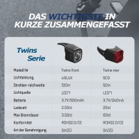 ADDVlEW Twins StVZO Fahrradlicht SetFrontlicht 130 m Reichweite, RücklichtIP65 wasserdicht, wiederaufladbareAkkus, Einfache Montage